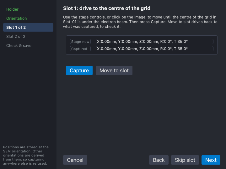 Step 3: the first slot, the grid centre under the beam, captured