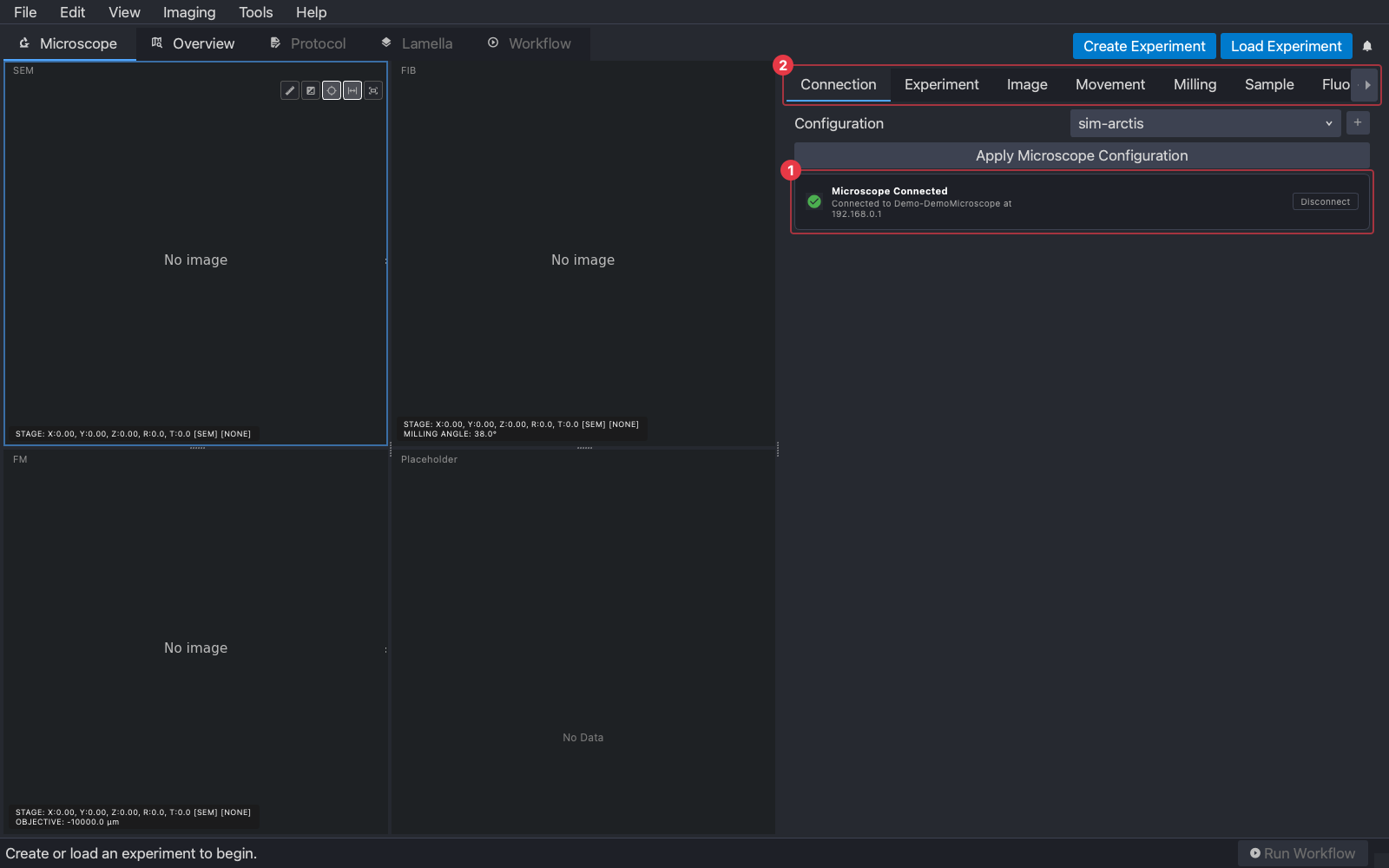 Connected: the status card and the microscope control tabs