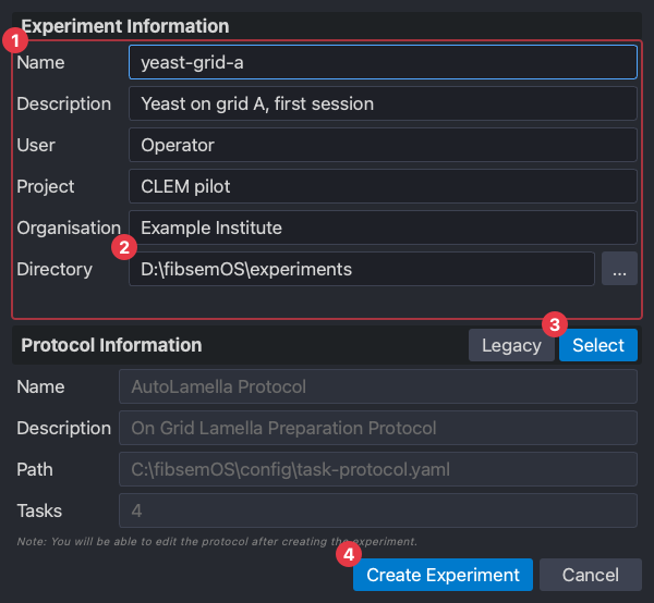 The Create Experiment dialog, filled in