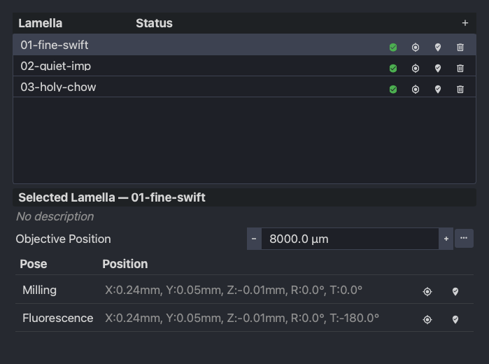 The Experiment tab's lamella list and the selected lamella