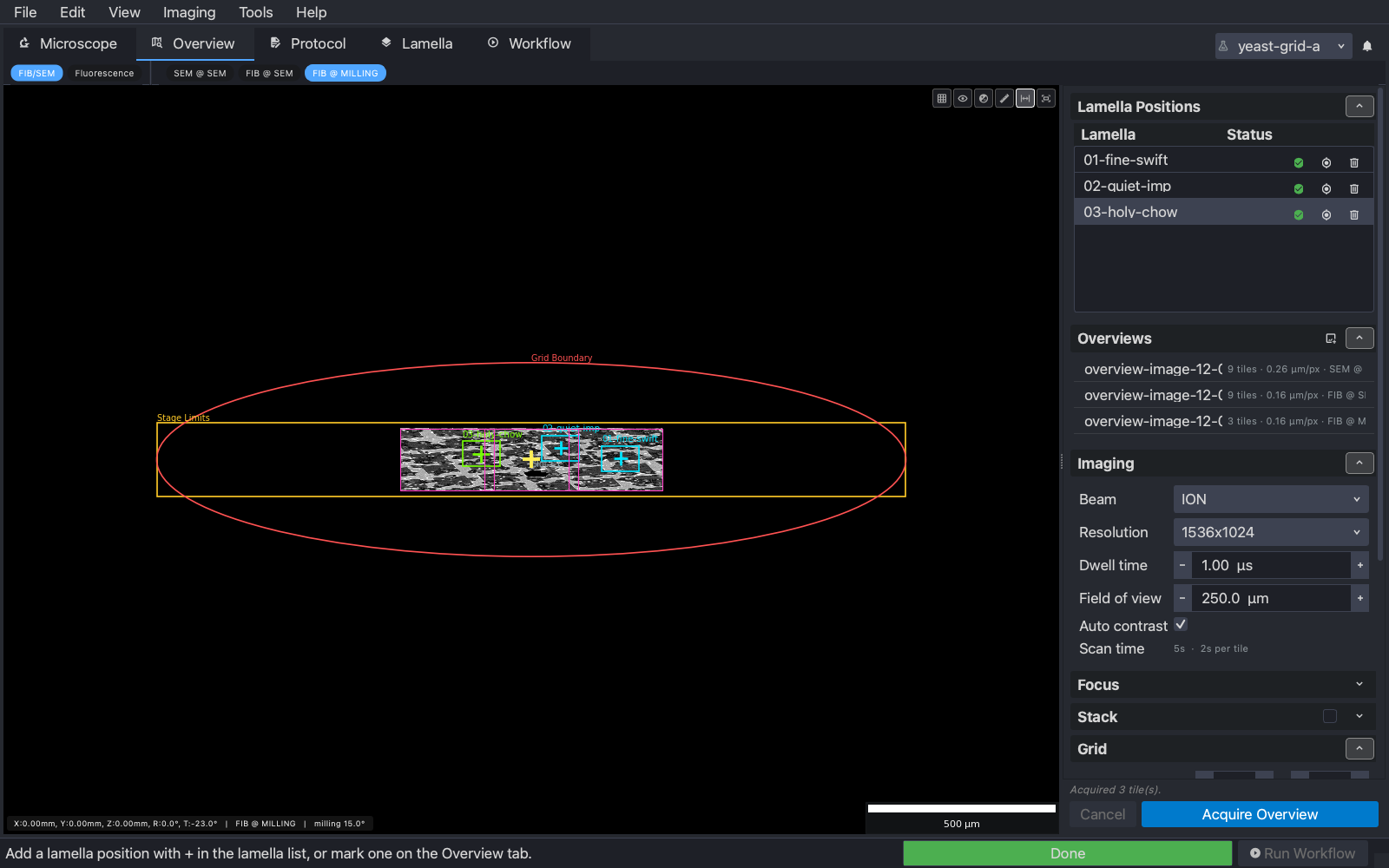 The ion beam's overview at the MILLING orientation, one row of tiles