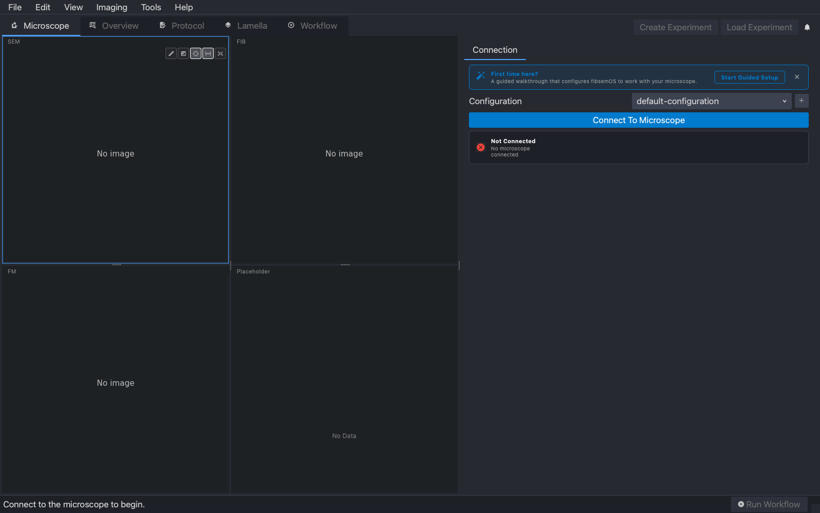 fibsemOS on first launch: the Microscope tab, not yet connected