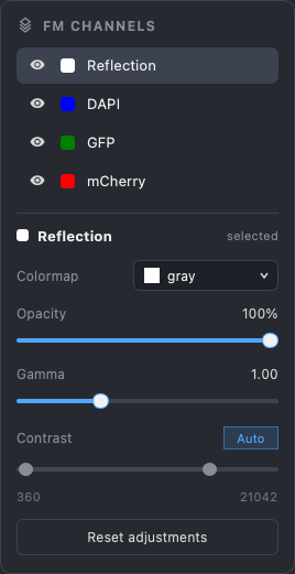 The channels panel: visibility, colour, opacity, gamma, contrast