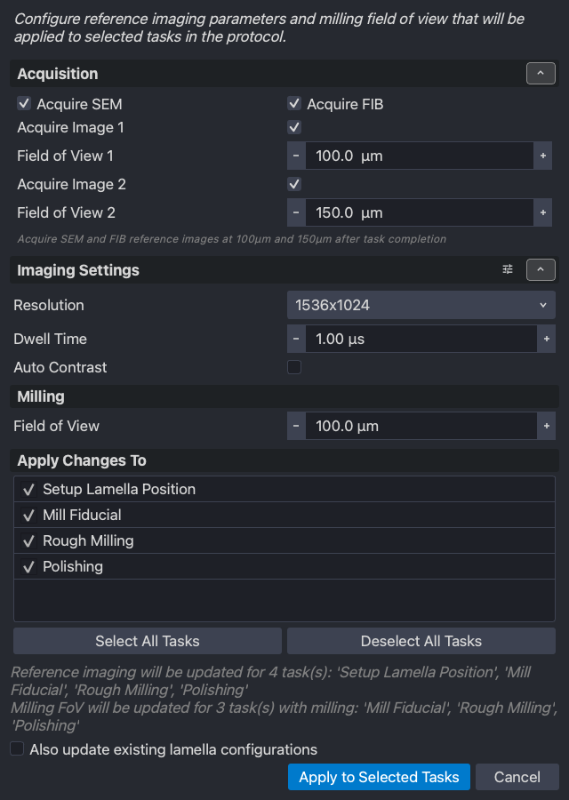 Global Edit: reference imaging and milling field of view across tasks