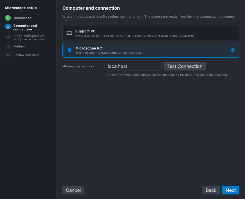 Step 2 on an Arctis: the microscope PC, at localhost