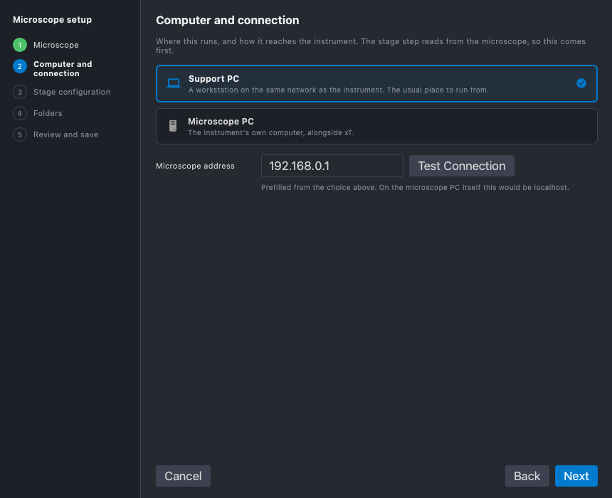 Step 2: the support PC and the microscope's address