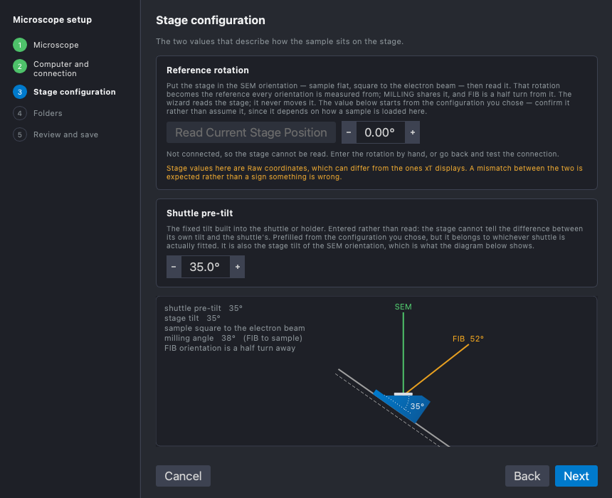 Step 3: reference rotation and a 35° shuttle pre-tilt