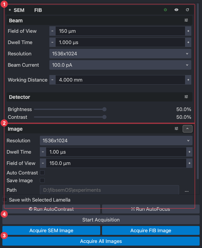The Image tab: the beam panel, the image panel, and the acquire buttons