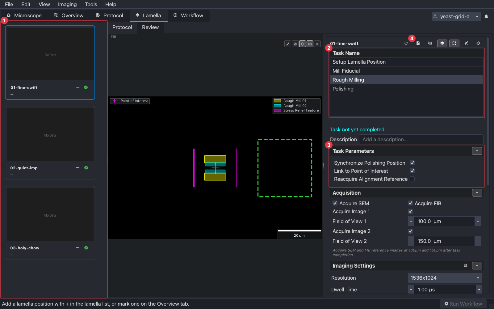 The Lamella tab: cards, the task list, and the selected task's settings