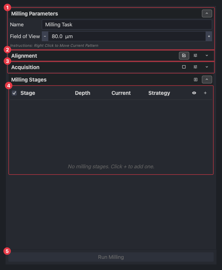 The Milling tab: milling parameters, alignment, acquisition, stages, run