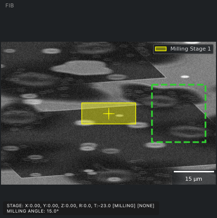 The rectangle on the FIB view, at the beam centre