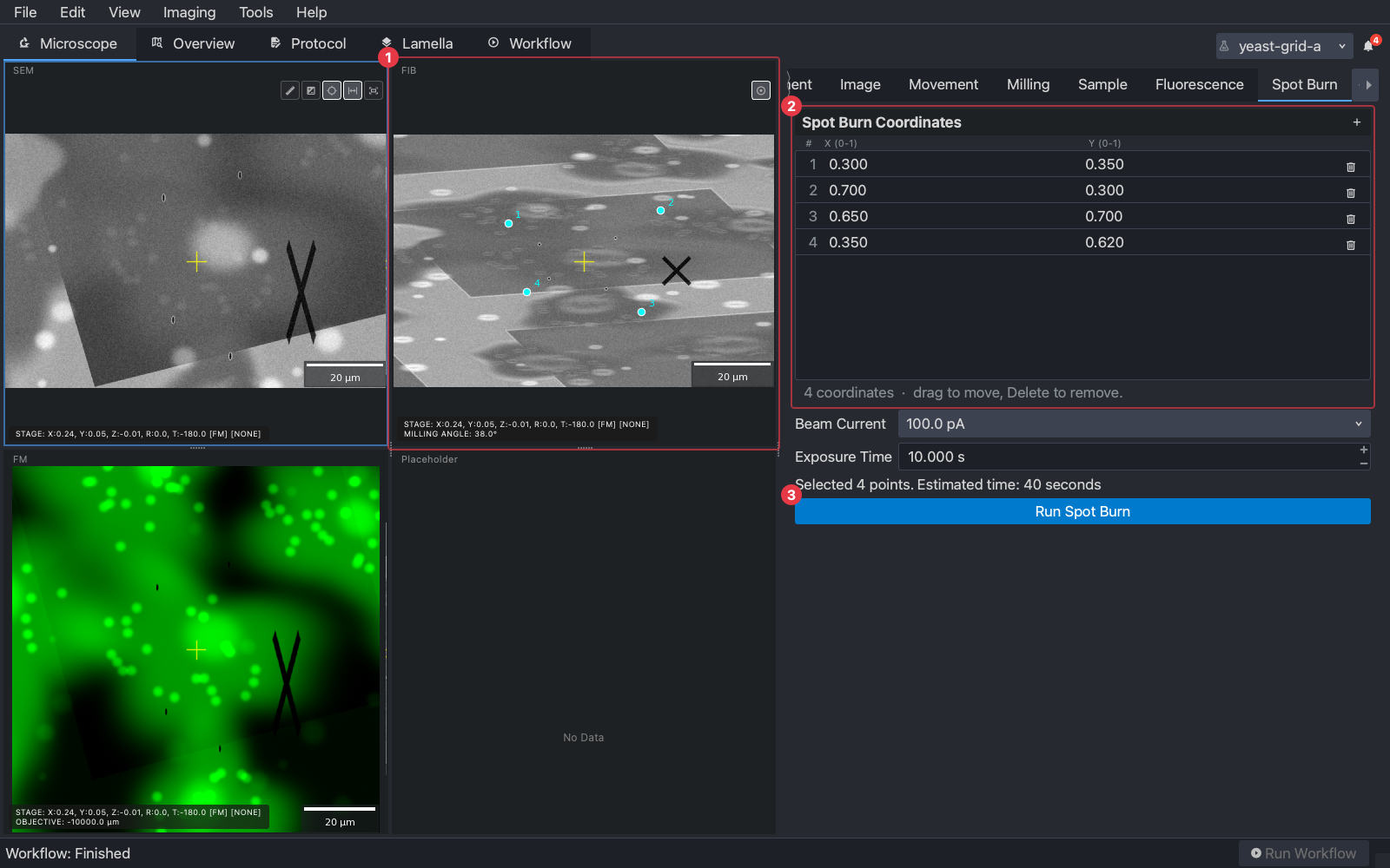 The Spot Burn tab outside a workflow: points on the FIB view, the list, and Run Spot Burn