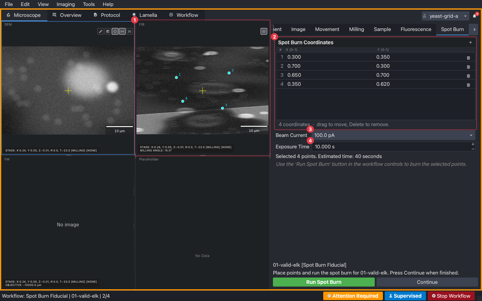 The Spot Burn tab: points on the FIB view, the point list, current and exposure