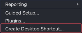 The Tools menu, with Create Desktop Shortcut at the bottom