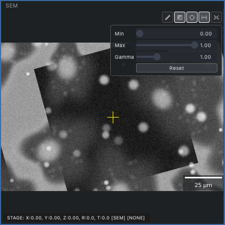 The contrast and gamma panel open on the SEM view