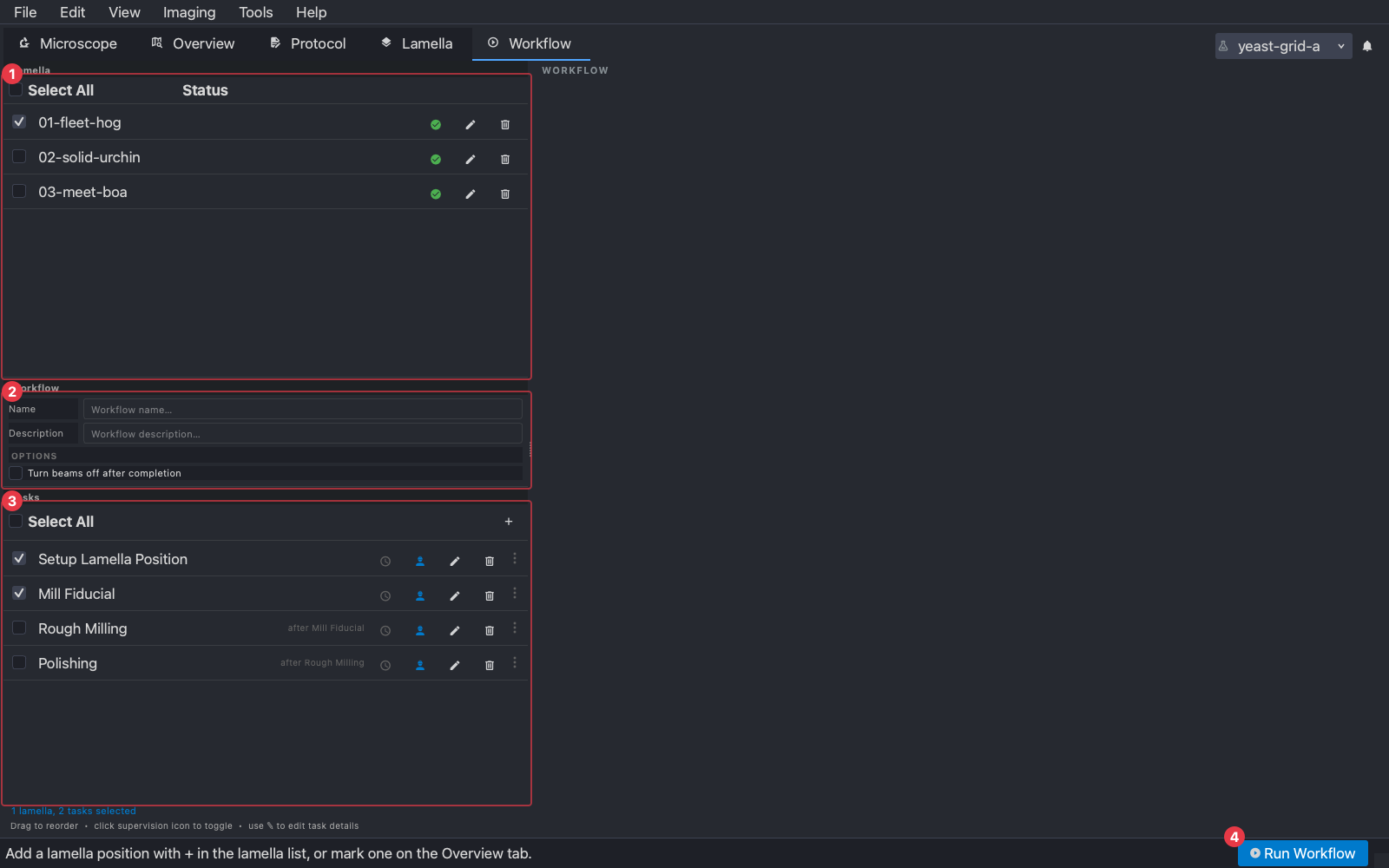 The Workflow tab with one lamella and two tasks selected