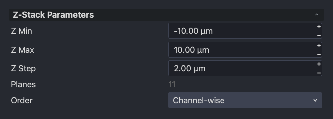 Z-stack parameters: range, step, planes, order